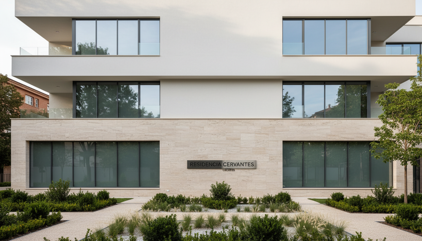 A contemporary residential building facade rendered in pristine white plaster with natural stone accents and large, energy-efficient glass windows. The clean lines and sharp geometry create a structured, harmonious composition, while subtle neutral tones dominate the palette, reflecting a modern aesthetic. The building stands within a landscaped urban setting in Cáceres, with manicured shrubs and minimalist signage at the entrance. Soft afternoon light gently illuminates the scene, creating balanced highlights and subtle shadow contours. Captured from an eye-level perspective with a wide-angle lens, the image conveys a sense of professionalism and stability, perfectly suiting a corporate architectural store website. The mood is calm, confident, and understated, with a photographic realism that emphasizes the building's design expertise.